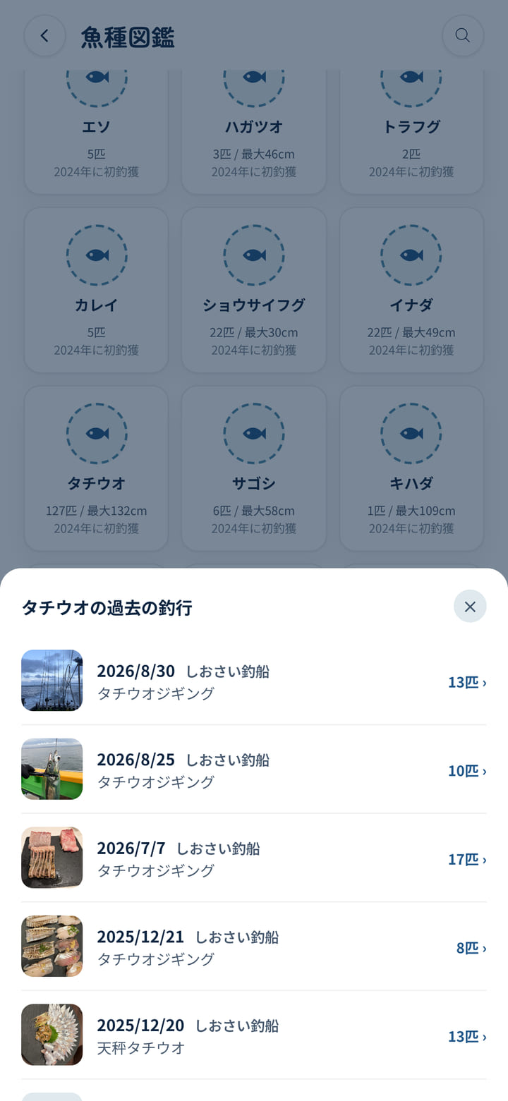 魚種図鑑で1種を開いたところ。その魚を釣った過去の釣行が日付・船宿・匹数つきで並ぶ